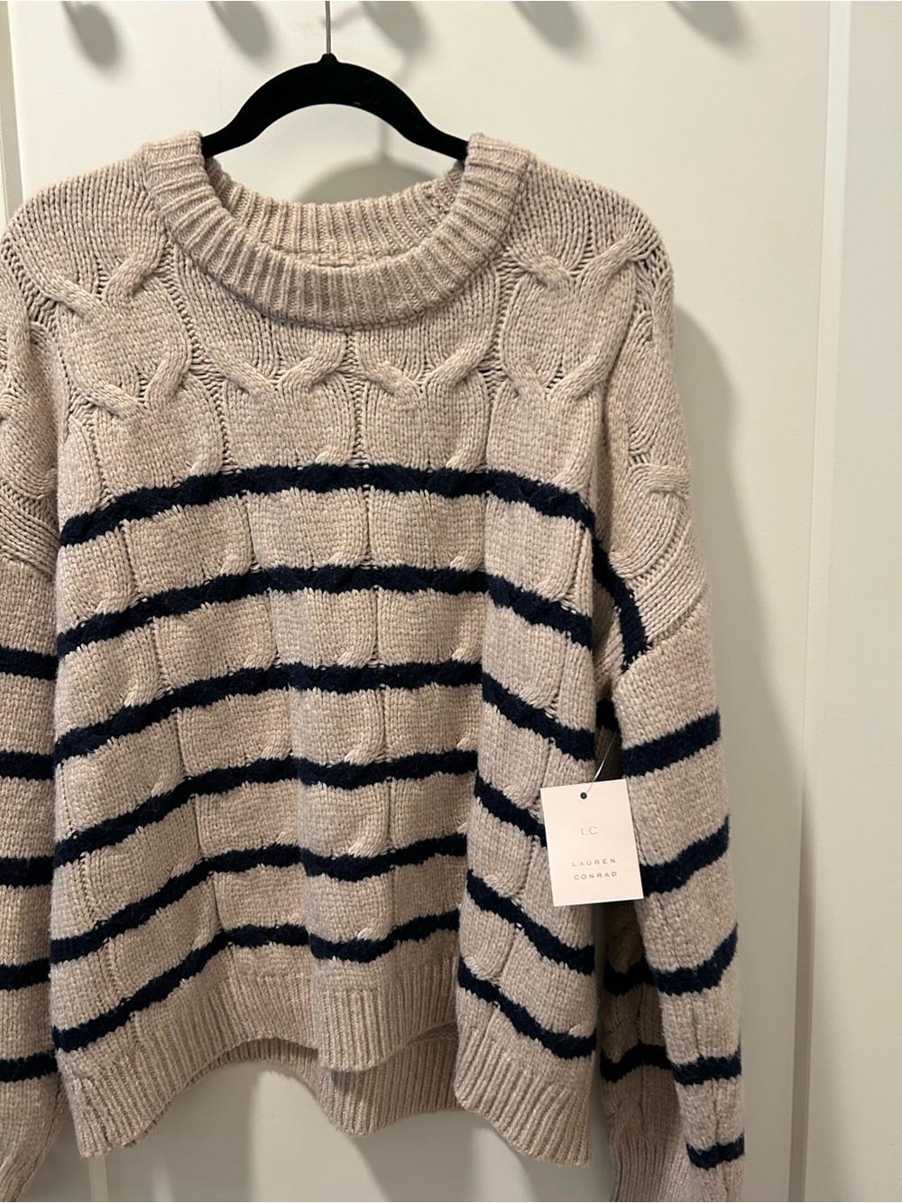 LC Lauren Conrad Striped Cable Knit Tan and Navy Sweater
